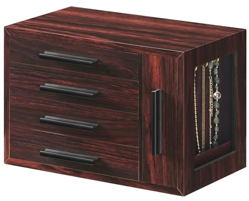 HOOBRO Schmuckkästchen, Schmuckbox aus Holzwerkstoff mit Glasfenster, 4-stufige Schmuckaufbewahrung, Schmuckkoffer für Ohrringe, Halsketten, Ringe, Dunkles Walnuss und Schwarz EBRT09JB04