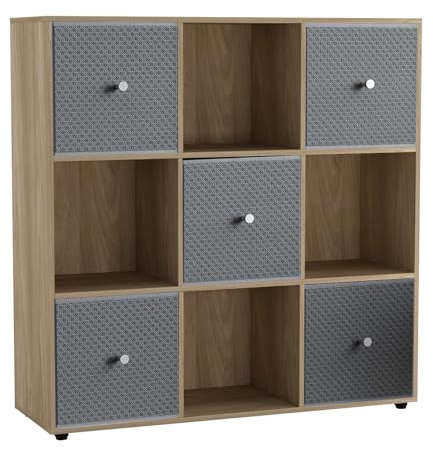 URBNLIVING 9 Cube Storage Unit with 5 Foldable Fabric Drawers, Wooden Freestanding Bookcase Shelf Organiser, Modern Cube Shelving for Bedroom, Office, Living Room, Toys, Clothes & Books