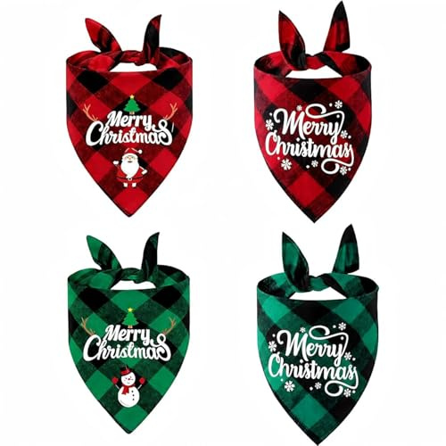 FMPXYYA Hundehalstuch Weihnachten 4 Stück Set – Festliche Halstücher für Hunde und Katzen mit Santa- & Schneemann-Motiven, doppelseitig, verstellbar, weich & atmungsaktiv, rot-grün, ideal für Weihna