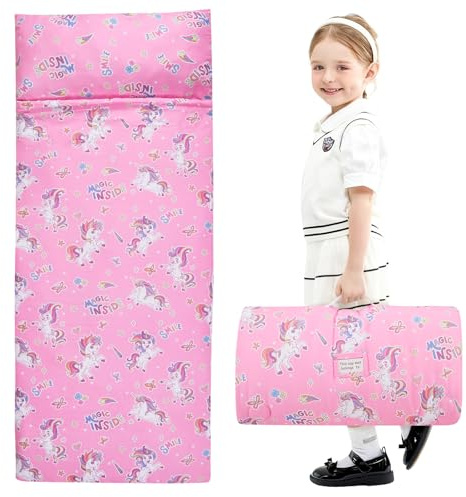 Schlafsack Kindergarten für Jungen & Mädchen 3-8 Jahre, 120x60 cm - Baumwolle Flauschfutter, Leicht & Warm mit Abnehmbarem Kissen - Für Kita, Reise & Camping (Einhorn)