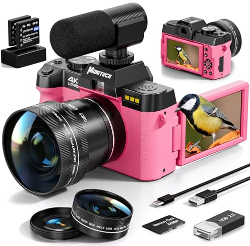 64MP Digital Camera for Photography and Video,4K 64MP Vlogging Camera for YouTube with 180° Flip Screen,16X Digital Zoom,52mm Wide Angle,Leather Hold & Strap, 2 Batteries, 32GB TF Card (Pink)