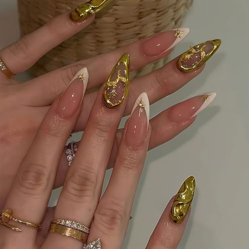 Auroriel 24 Stück 3D Goldene Kurve Linie Französische Spitzen Girlande Lange Stiletto Acrylnägel Y2k Design Glanz Goldener Fluss Aufkleber Nägel