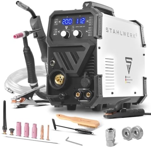 STAHLWERK Schutzgasschweißgerät 3-in-1 Kombi MTM-200 ST, Stahl, bis 200 A | Kombi-Inverter für WIG, MIG/MAG, MMA/E-Hand, synergischer Drahtvorschub, 4-Rollen-Antrieb, Fülldraht geeignet, Dünnblech