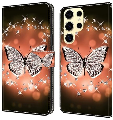 CLM-Tech Handyhülle kompatibel mit Samsung Galaxy S26 Ultra Hülle - Tasche aus PU Leder - Klapphülle mit Ständer und Kartenfächern - Schutzhülle Wallet Case Cover Schmetterling Diamanten Muster