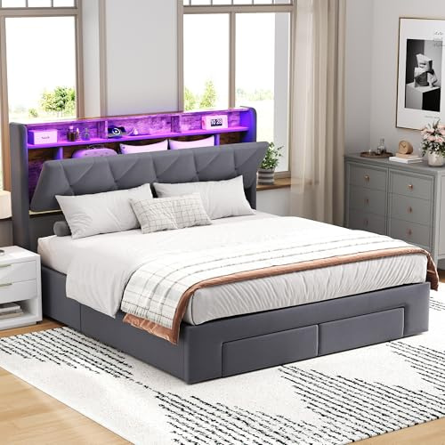Besbed King Size Bed Frame with Storage Drawers, 5ft Upholstered Ottoman Bed with Charging-Station & LED-Lighting, Soft Velvet Bed with Concealed Headboard Storage, No Mattress (Grey, 150 x 200 cm)