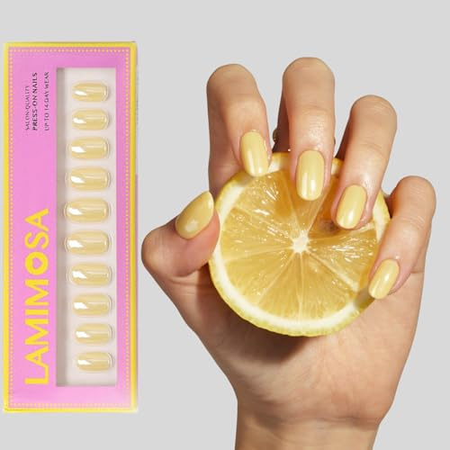 LAMIMOSA 32Pcs Press On Nails Medium Round in 16 Sizes – Butter Yellow False Nails with Glue, Soft Gel Stick On Nails, Reusable Chrome Glazed Fake Nails Kit, Summer Nails, LEMON GLAZE