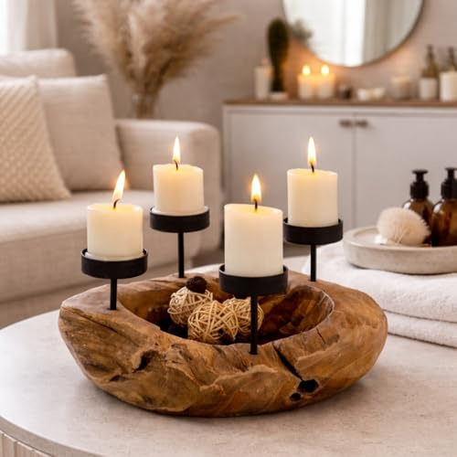 Handgefertigte Kerzenhalterschale PREMIUM 30cm Teakholz Natural Unikat Tischdeko Advent
