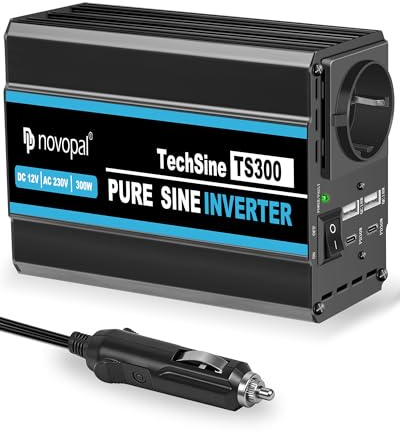 novopal 300W/600W Wechselrichter Kfz 12V auf 230V Reiner Sinus | Spannungswandler 12V 230V 1 EU Steckdose, 2 QC18W +2 PD 30W für LKW, Auto,Wohnmobil ,Camping