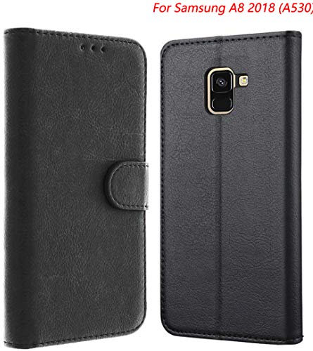 Tenphone Etui Coque Samsung Galaxy A8 2018, Protection Etui Housse en Cuir Portefeuille Livre,[Emplacements Cartes],[Fonction Support],[Languette Magnétique] pour (Samsung A8 2018 (A530), Noir)