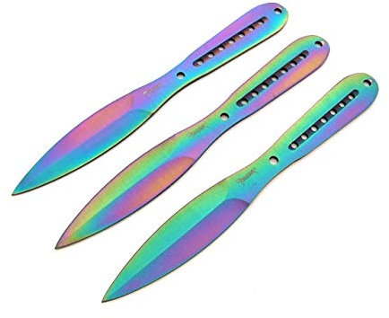 3er Set originales 3 Effektlack Rainbow Tomahawk Wurfmesser Set - Wurfdolch 22,5 cm - Dagger - Outdoor - Jagd- Survival - Messer - inklusive Cordura Holster - Anfänger Profi Wurfmesser Throwing Knives