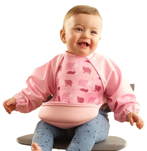 Bibetta Ultrabib - Weaning bib with sleeves - Premium Neoprene for Comfort - Waterproof - Baby bibs with Crumb Catcher Pocket for Feeding Toddler & Babies - Roll Up and Machine Washable