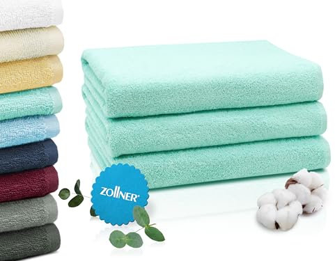 ZOLLNER 3er Set Duschtücher in 70x140 cm - saugstarke und weiche Badehandtücher in Mint - mit praktischem Aufhänger - waschbar bis 60°C - Baumwolle - Hotelqualität