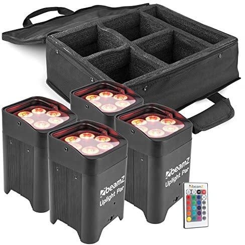 BeamZ BBP96 Akku LED Strahler Uplight 4er Set mit Tasche, IP20, Par LED Spot mit Wireless DMX, Bühnenbeleuchtung Set, Discolicht, Lichteffekte, Fernbedienung, Soundmodus, In- und Outdoor