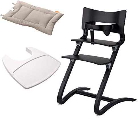 Leander Stuhl schwarz lackiert - Hochstuhl - Kinderstuhl - Erwachsenenstuhl mit Babybügel + Tablett weiß + Kissen cappuccino