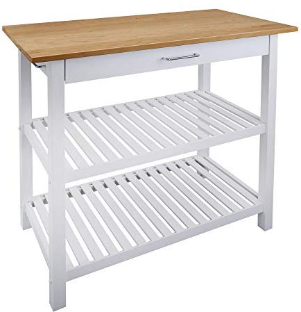 Casual HOME Isla de cocina con parte superior de madera maciza, color blanco y cerezo natural