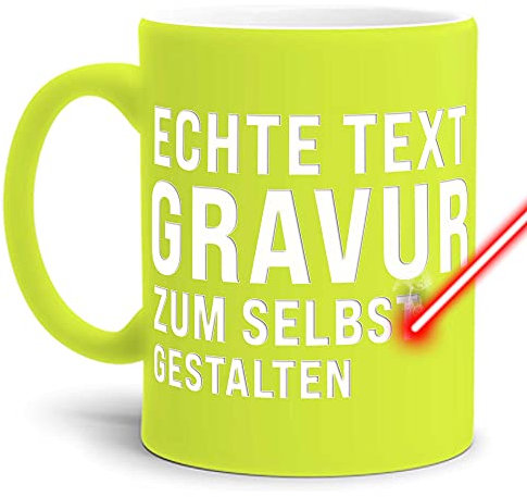 PR Print Royal Neon Tasse mit Gravur selbst gestalten - mit eigenem Wunschtext oder Wunschname gravieren - Hochwertige Keramiktasse Matte Oberfläche in Neon-Gelb, 300 ml | Personalisiert
