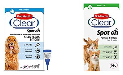 Bob Martin Clear | Spot On Flea Treatment for Medium Dogs (10-20 kg) | Kills Fleas |24 Week Protection & Spot On Flea & Tick Repellent for Cats and Kittens | Clinically Proven Protection (6 Pipettes)