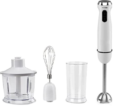 Batidora de mano. Potencia 1000W. Accesorios: picador universal, vaso mezclador y batidora de alambre.