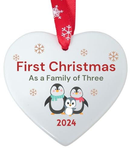 Second Ave First Christmas as a Family of Three Penguin Ceramic Hanging Heart Xmas Tree Decoration Bauble