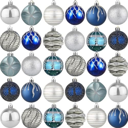30 Stück Weihnachtskugeln Weihnachtsdeko Set Blau 6cm Kunststoff Weihnachtsbaumkugeln Box mit Aufhänger Christbaumkugeln Plastik Bruchsicher, Weihnachtsbaumschmuck