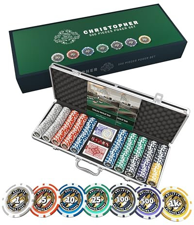 Bullets Playing Cards, Designer Pokerkoffer 'Christopher' Deluxe Pokerset mit 500 Pokerchips aus recyceltem Polystyrol