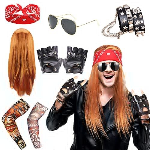Rocker Outfit herren, 6pcs Herren Kostüm Rock Star 70er 80er 90er Jahre, Herren Rockstar Kostüm mit Armband Kopftuch Sonnenbrille Handschuhe Geblümte Arme Disco Rockstar Perücke für Männer Frauen