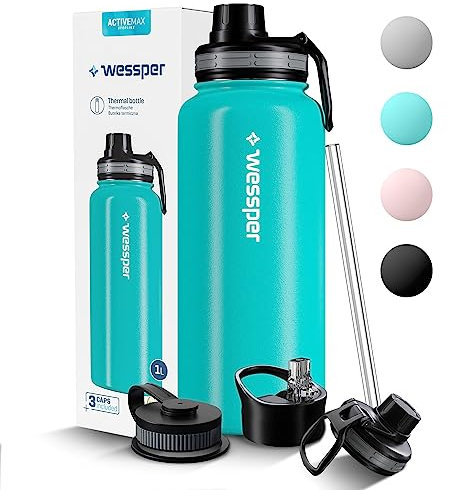 Wessper Gourde Thermique en Acier Inoxydable 1L Anti-fuite Bouteille Isotherme, Thermos sans BPA avec 3 Couvercles | Gourde Marine Élégante Sport | Gourde Isotherme Enfants Adulte pour Camping