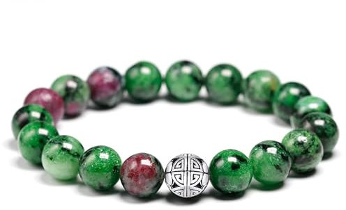 MetJakt Natural 8mm Gemstones Healing Crystal Stretch Beaded Bracelet Bangle with 925 Sterling Silver Double Happiness Pendant (Ruby Zoisite)