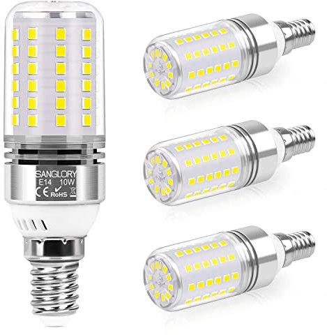 SanGlory Bombilla LED E14 Blanco Frío 10W 5000K Luz Fría, Tornillo Edison, 1050 Lúmenes, Maíz No Regulable, AC 175-265V, Pack de 4