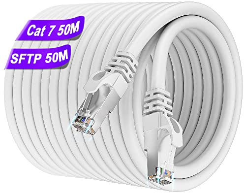 Soibke Cavo Ethernet 50 Metri, Cavo Lan 50m Cat 7, Alta Velocità Cavo Rete, 24AWG 10Gbps 600MHz Cavo Wlan Gigabit RJ45 Cavo Internet SFTP Bianco Schermato Patch Impermeabile Esterno per Router