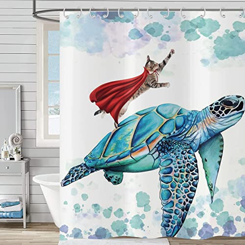 Hnmdmyi Cortina de Baño Divertida 180x180, Cortinas de Baño Gato Turquesa Tortuga Marina Océano Bajo el Agua Cortina de Baño Infantil Tejido de Poliéster Impermeable Lavable para Baño con Ganchos