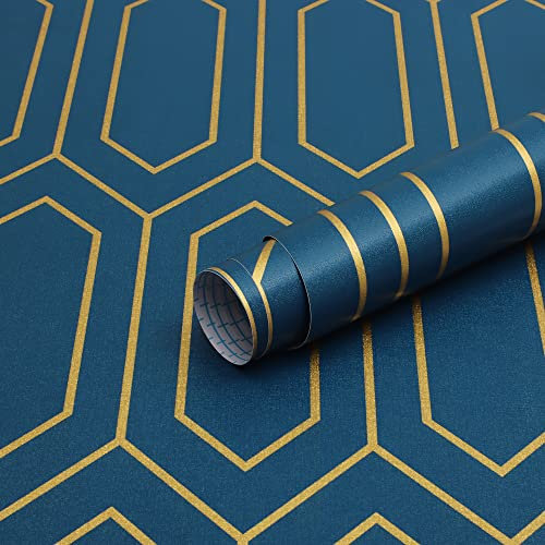 Safiyya Peel and Stick Wallpaper Blue and Gold Geometric Wallpaper Vinyl Roll 118x17.3