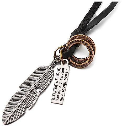 COOLSTEELANDBEYOND Retro-Stil Gealtertes Silber Feder Anhänger Herren Damen Halskette mit Verstellbaren Schwarz Lederband