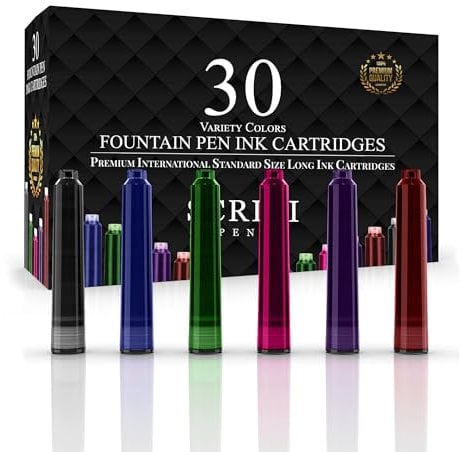 SCRIVI PENS Fountain Pen Ink Refills - Set of 30 Assorted Ink Cartridges - International Standard Size - Length APPR 2.04 Inch - Base Diameter APPR 0.24 Inch - Disposable and Generic