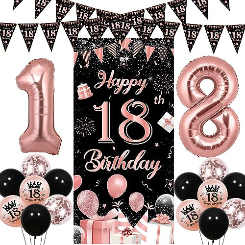 Sursurprise 18th Birthday Decorations for Girls Black and Rose Gold, Happy 18th Birthday Door Banner, Triangle Flag Garland, Number 18 Balloon, Eighteen Year Old Birthday Party Supplies