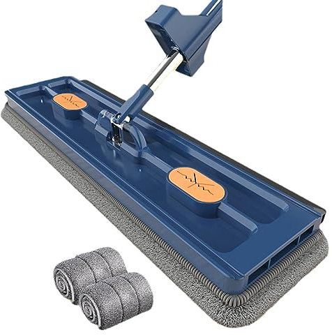 Großer Flachmopp im neuen Stil, Wischmopp mit Auswringfunktion, 360° Drehbarer Flacher Mikrofaser Wischmopp, Edelstahl-Langstiel Bodenwischer Set, Breit Flach Wischmopp mit 2 Mikrofaserpads (Blau)