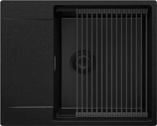 PRIMAGRAN Evier Cuisine en Granit Tout Noir 62x50cm, Lavabo 1 bac + Kit de Vidage + Égouttoir Enroulable, Évier à Encastrer au meuble 50cm - San Francisco