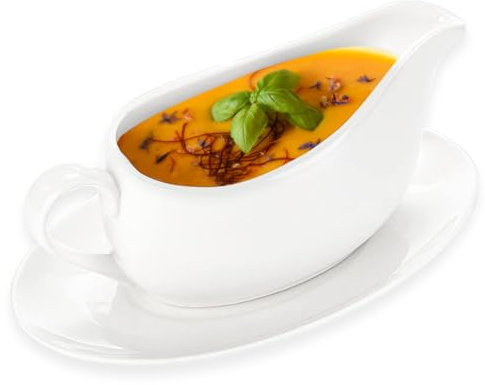 Cheardia Sauciere mit Tablett, 400 ml, weiße Keramik-Sauciere mit ergonomischem Griff und großem tropffreiem Lippenauslauf für Salatdressings, Sahne, Brühe, schwarzer Pfeffer