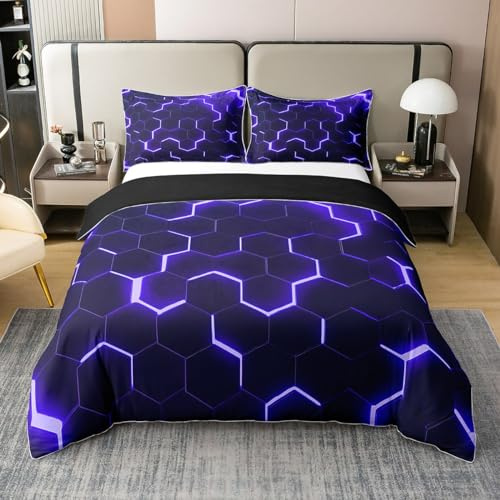 Housse de Couette Géométrique Nid d'abeille Violet, Housse Couette 200x200 en Coton Hexagonal, Ensemble de Literie Géométrique À Lumières Néon, Parure de Lit Moderne d'art Abstrait
