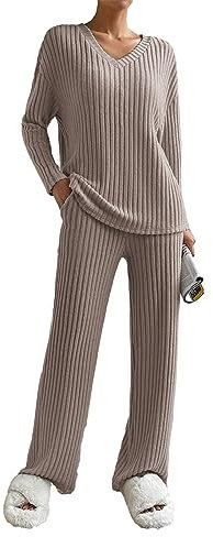 SotRong Ribbed Loungewear Sets for Women Loose Fit Pyjama Sets Casual Track Suits Ladies Activewear Sets Plain T Shirt Elastic Waist Wide Leg Trousers Khaki 2XL