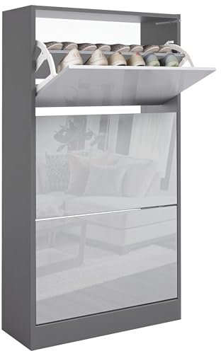 Blisswood High Gloss 3 Drawer Shoe Cabinet Cupboard, Shoe Storage Organiser Freestanding 3 Tier Wooden Shoe Rack Cabinet Modern Footwear Stand For Hallway, Living Room Furniture (Light & Dark Grey)