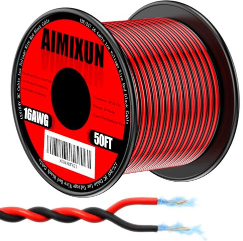AIMIXUN 16 Gauge Electrical Wire 50FT, 16 AWG 2 Pin Flexible Red and Black Cable 12V Aluminum Copper Wire PVC 2 Conductors Red Black Parallel Line DC Cable Low Voltage 12V/24V