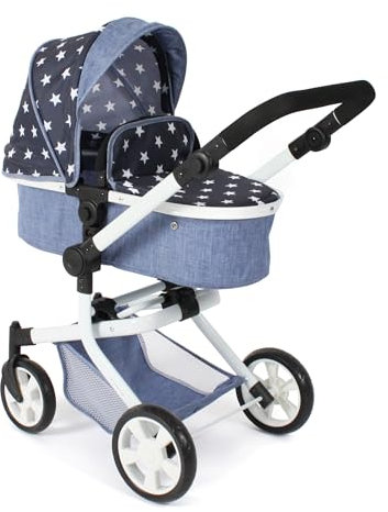 Bayer Chic 2000® 2in1 Puppenwagen Mika – Sternchen Navy – faltbar – höhenverstellbarer Griff 47-80 cm – modernes Gestell – Puppen bis 52 cm – 4-8 J.