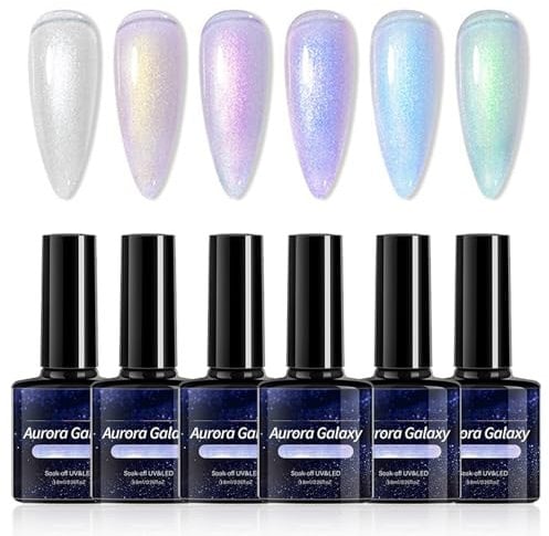 Gel Nail Polish Set, Glitter Gel Nail Varnish, 6 Color Micro Aurora Galaxy High Gloss Gel Polish Kit, Chrome Nail Varnish 2-IN-1 No Wipe Gel Top Coat, UV/LED Soak-Off Nail Polish