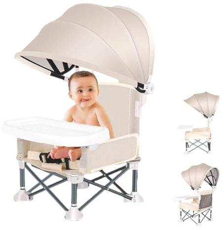 Little Bean Foldable Baby Booster Seat Dining Chair with Detachable Sunshade Travel Portable with Removable Tray for Indoor Outdoor Open Sit Folding Booster Feeding/Camping Chair for Toddler (Beige)