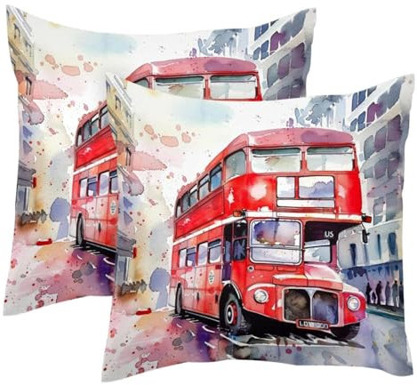 VAPOKF Aquarell-Kissenbezüge, Motiv: Londoner Bus, 45 x 45 cm, quadratisch, für Frühling, Zuhause, Sofa, Couch, Dekoration, 2 Stück
