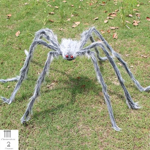 Gruselige weiße Spinne Set Halloween Spinnen Riesenspinne Halloween Horror Dekoration mit Spinnennetz 125cm große Spinne+490cm Netz (weiß)