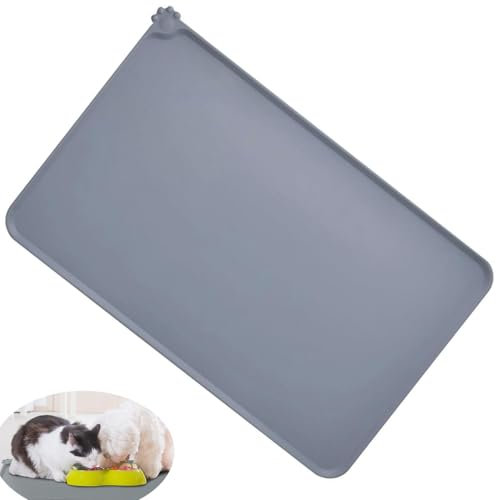 Non-Slip Dog Cat Food Mat, Silicone Pet Feeding Mat, Waterproof Dog Bowl Mat, Cat and Dog Food Mat to Stop Spills, Keep Floors Clean (Grey, 48x30cm)