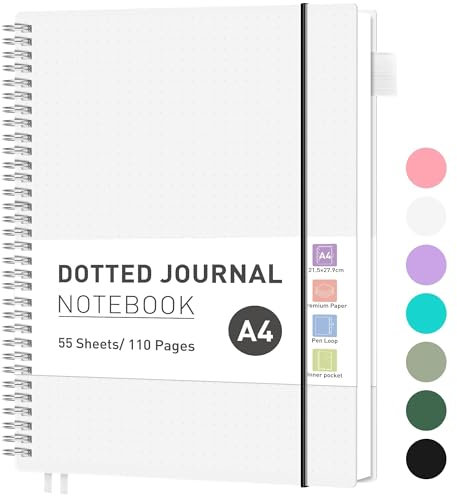 RETTACY Notizbuch A4 Gepunktetes, Bullet Dot Journal, Leichtgewicht Collegeblock, 55 Blatt / 110 Seiten Zum Schreiben, 100gsm, PVC Rinbuch, für Frauen Männer Arbeit Büro, 21,5 x 27,9cm - Transparent