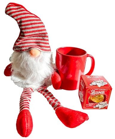 Pink Positive Christmas Gift Set: Red Mug with Gnome Decoration & Hot Chocolate Bomb - Christmas Gonk, Mug & Hot Choco - Perfect for Christmas Decorations, Sale Clearance & Tree Decor